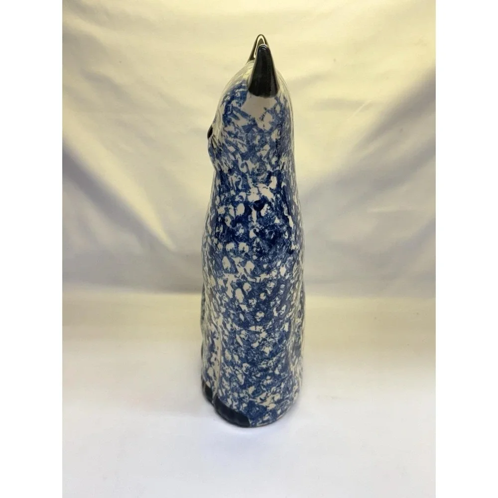 VTG Blue White Ceramic Sitting Cat Figurine Statue 8.5